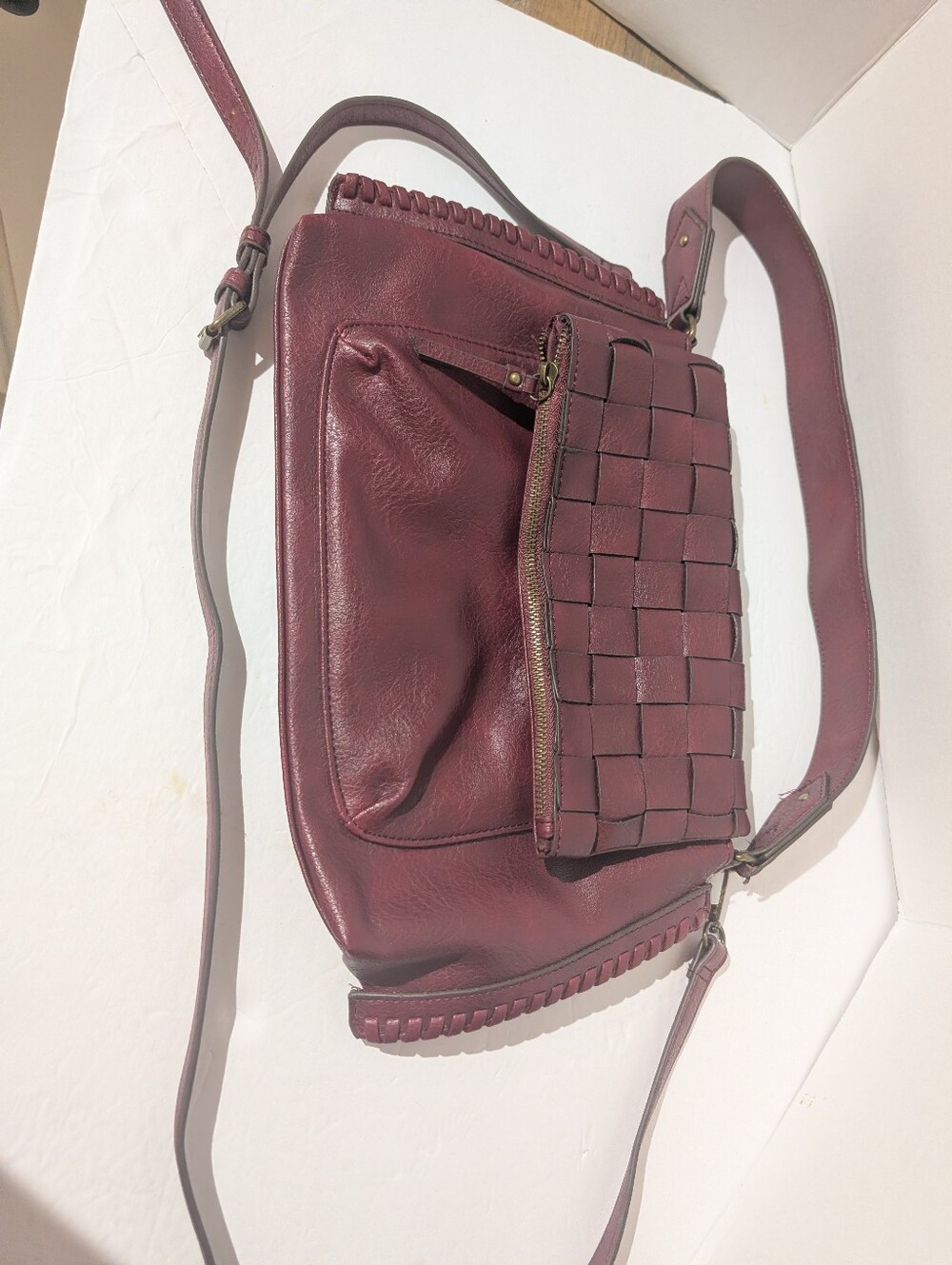 Walmart Woven Oxblood Faux Leather Front Crossbody Bag - Burgundy